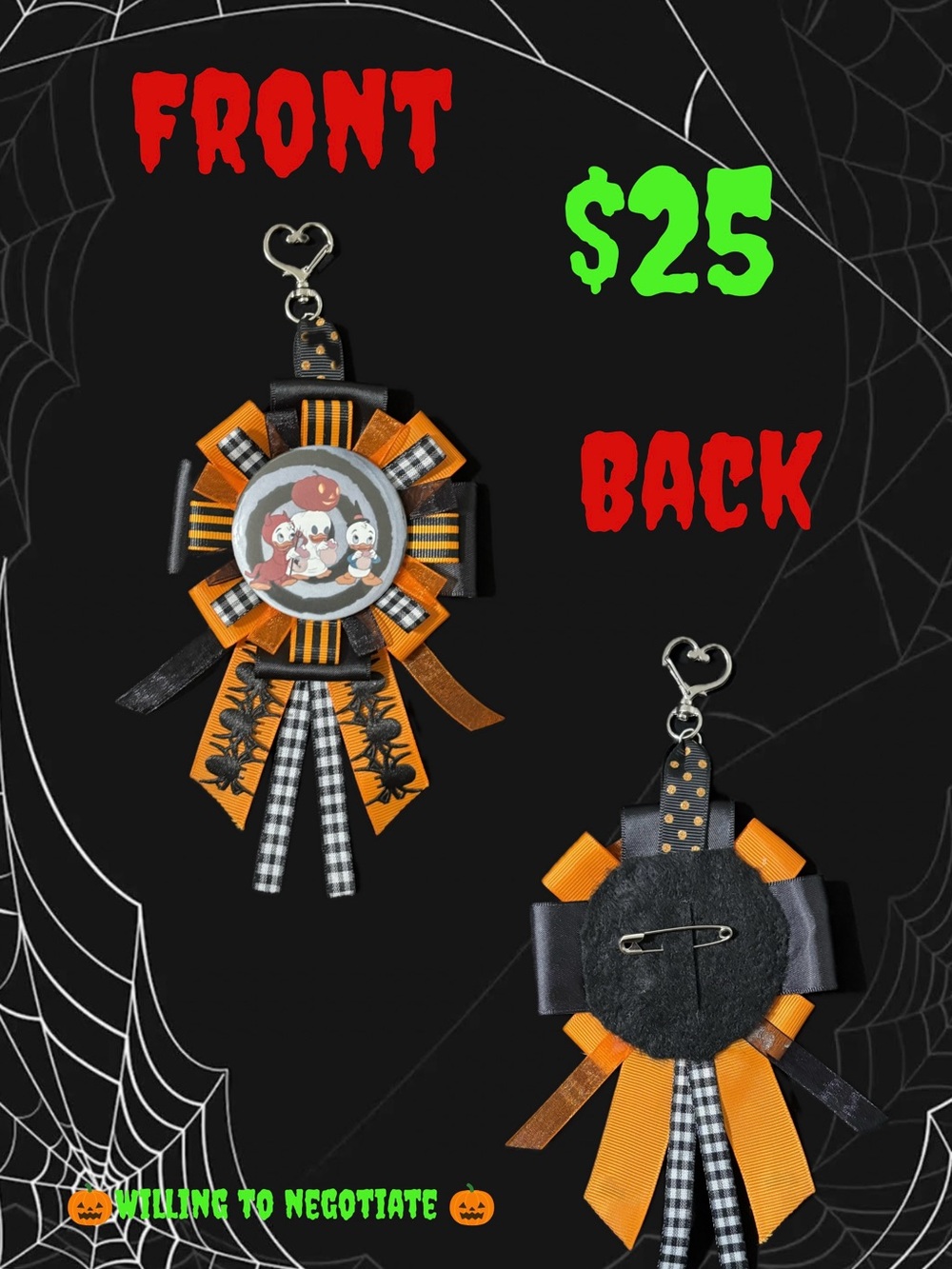 Halloween Orange & Black Ribbon Medal Keychain Handmade